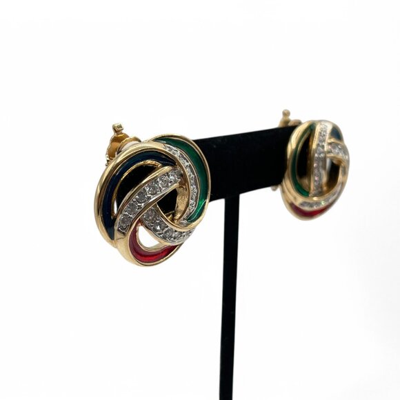 Vintage BUTLER Rhinestone Pave and Enamel Knot Gold Tone Clip on Earrings - Picture 2 of 9